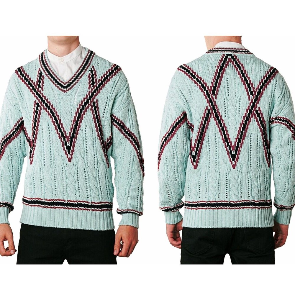 NEW $1335 Brioni Hand Knit Sweater! e 48 Med Turquoise With Red & Black Stripes